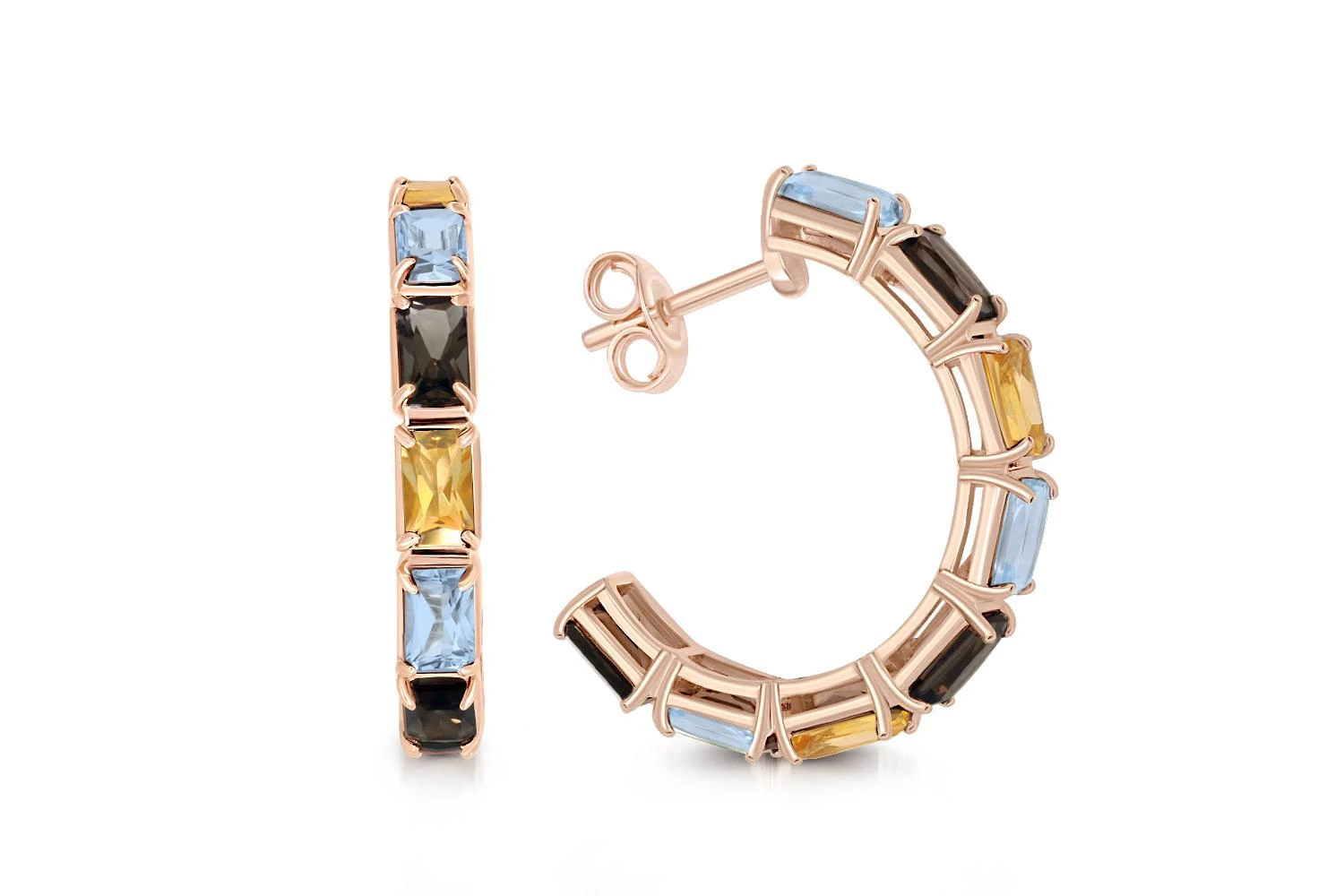 Серьги-пусеты из красного золота с раухтопазами, топазами sky и цитринами