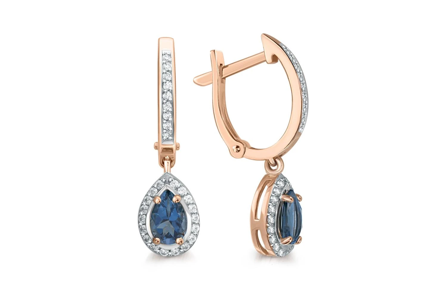 Серьги из красного золота с 2 топазами лондон и 54 фианитами