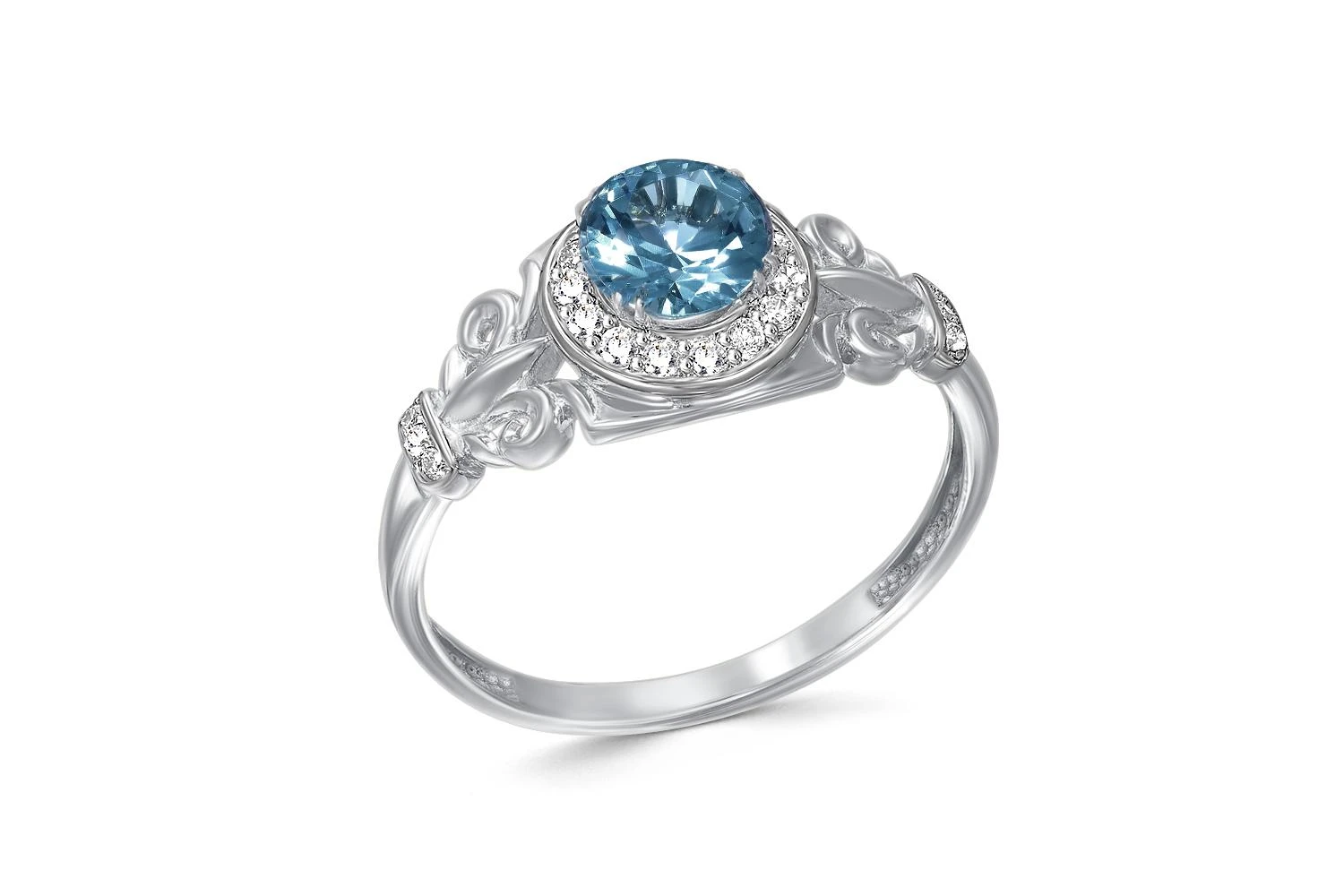 Кольцо из белого золота с топазом лондон и 21 фианитами