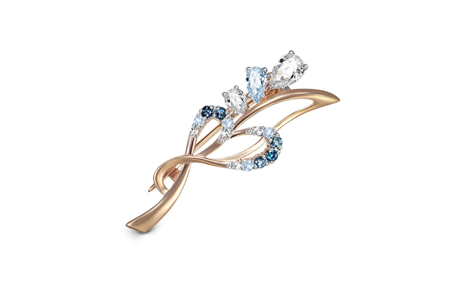 Брошь Цветок из красного золота с топазом sky, топазом swiss и топазом лондон