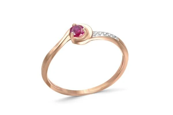 Кольцо из красного золота с рубином синтетическим и 5 бриллиантами