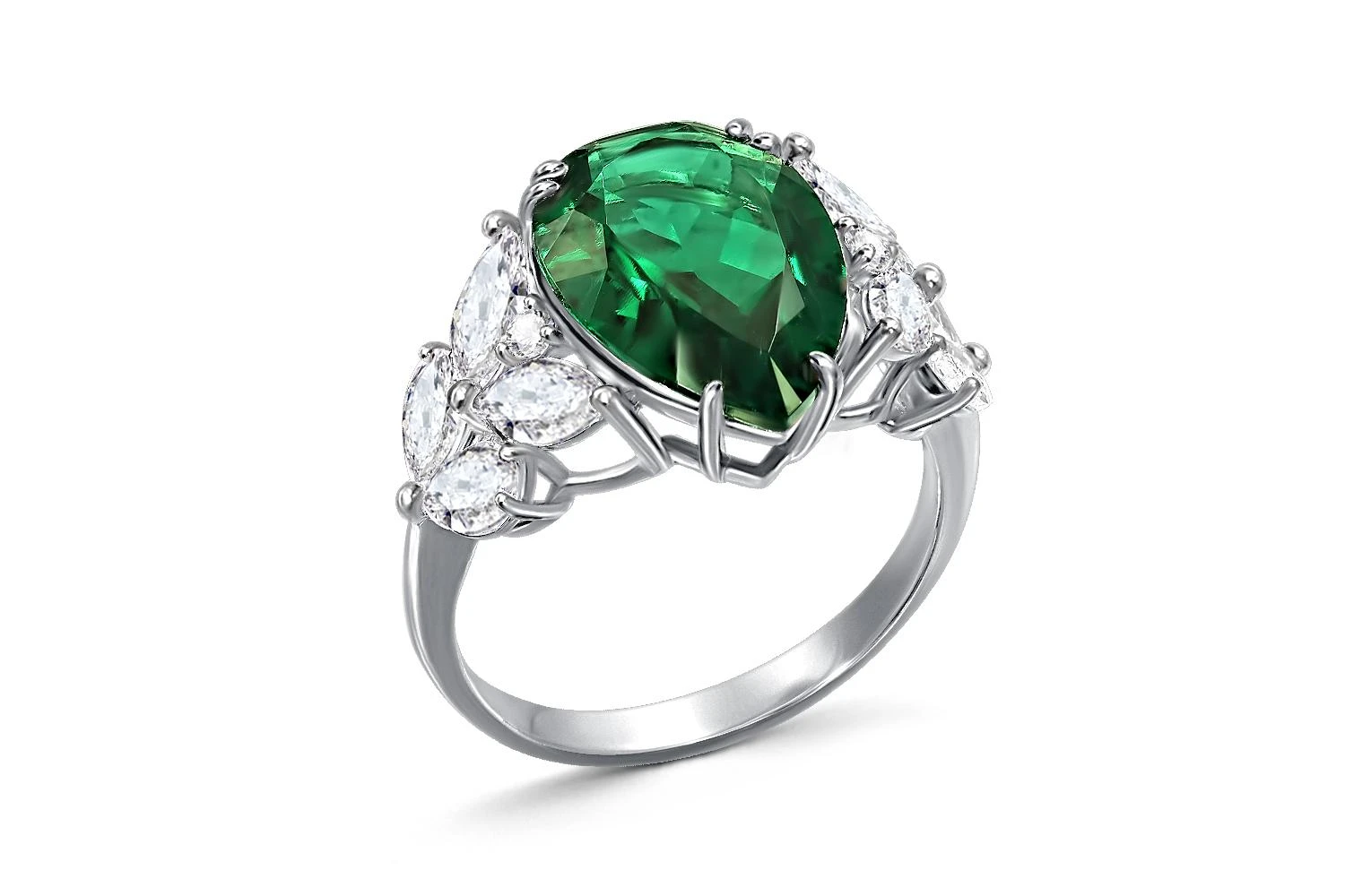 Кольцо из белого золота с изумрудом и 10 фианитами