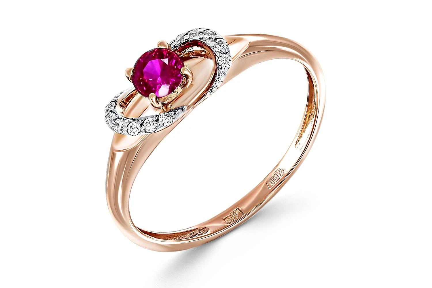 Кольцо из красного золота с корундом и 12 фианитами