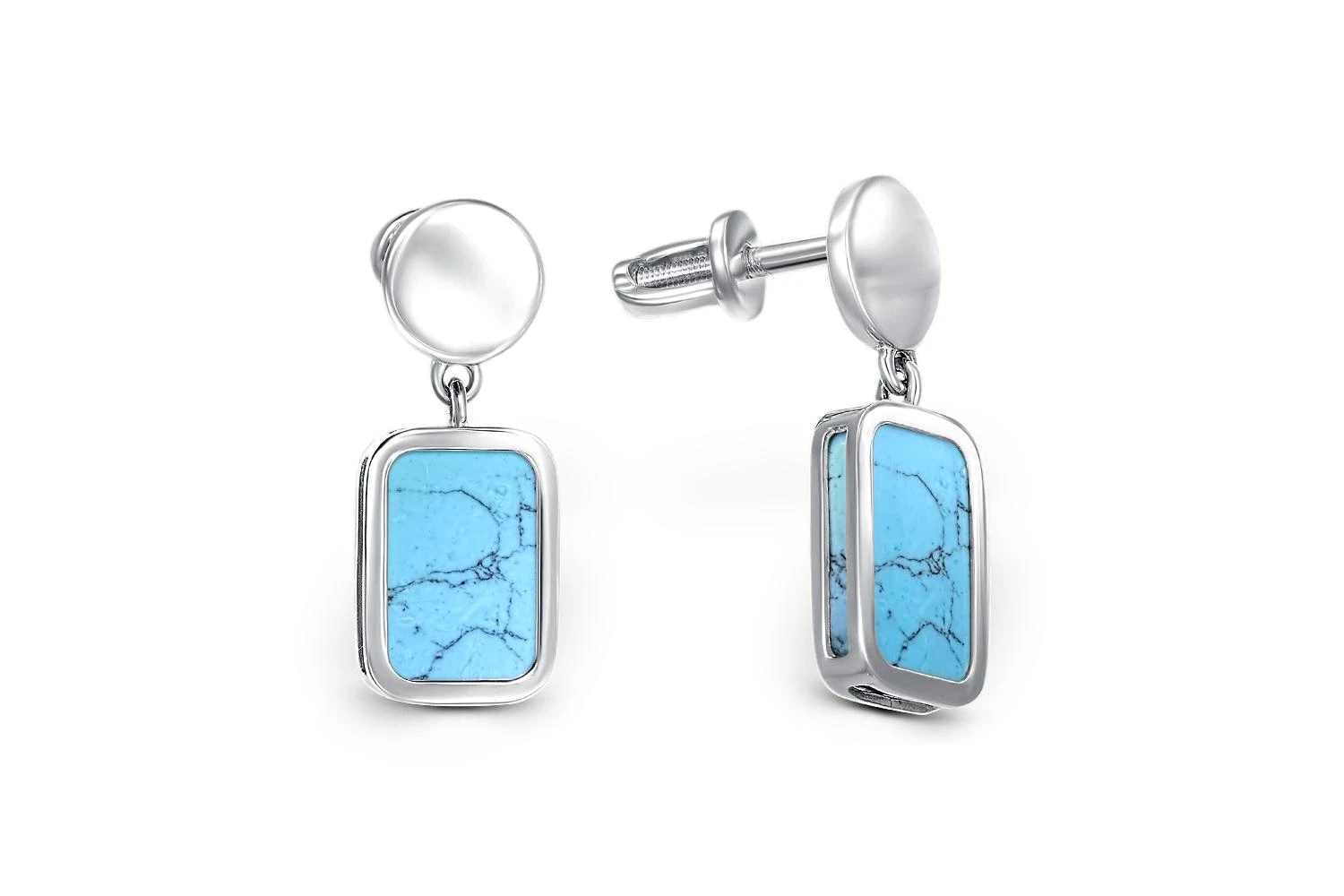 Серьги-пусеты Прямоугольники из белого золота с бирюзой