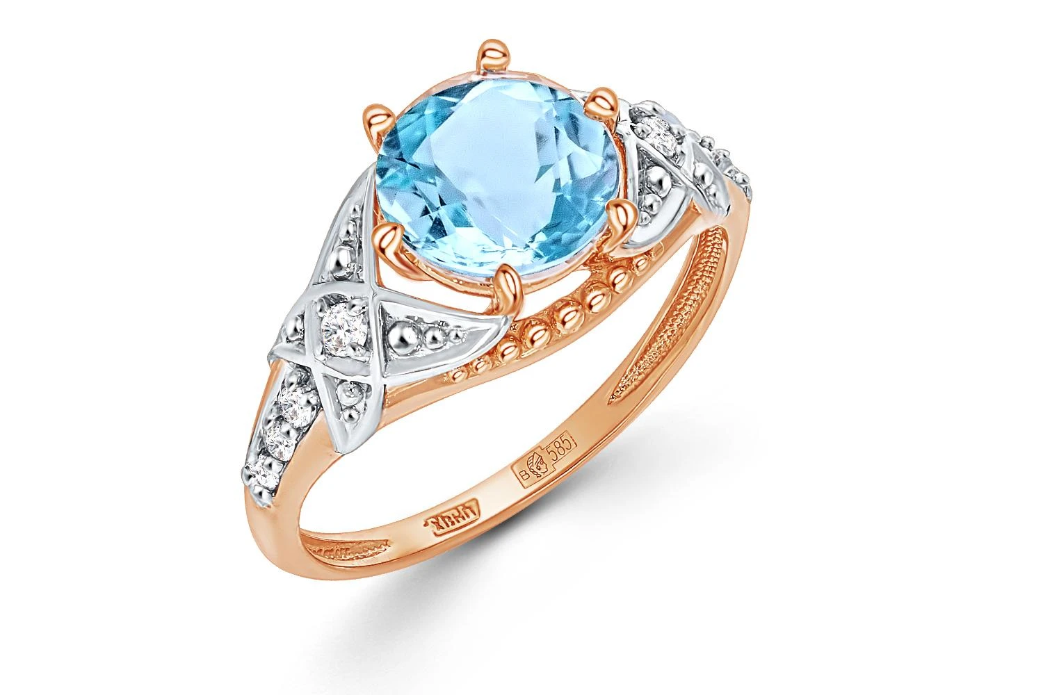 Кольцо из красного золота с топазом sky и 8 фианитами