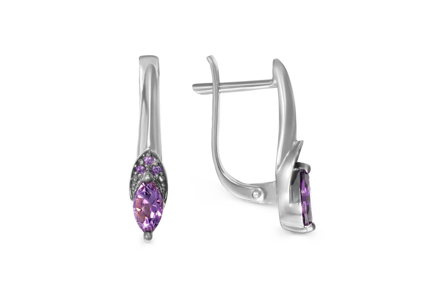 Серьги из белого золота с 2 аметистами и 6 фианитами