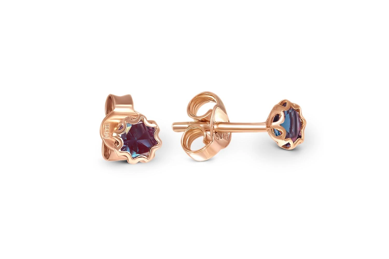 Серьги-пусеты из красного золота с 2 александритами