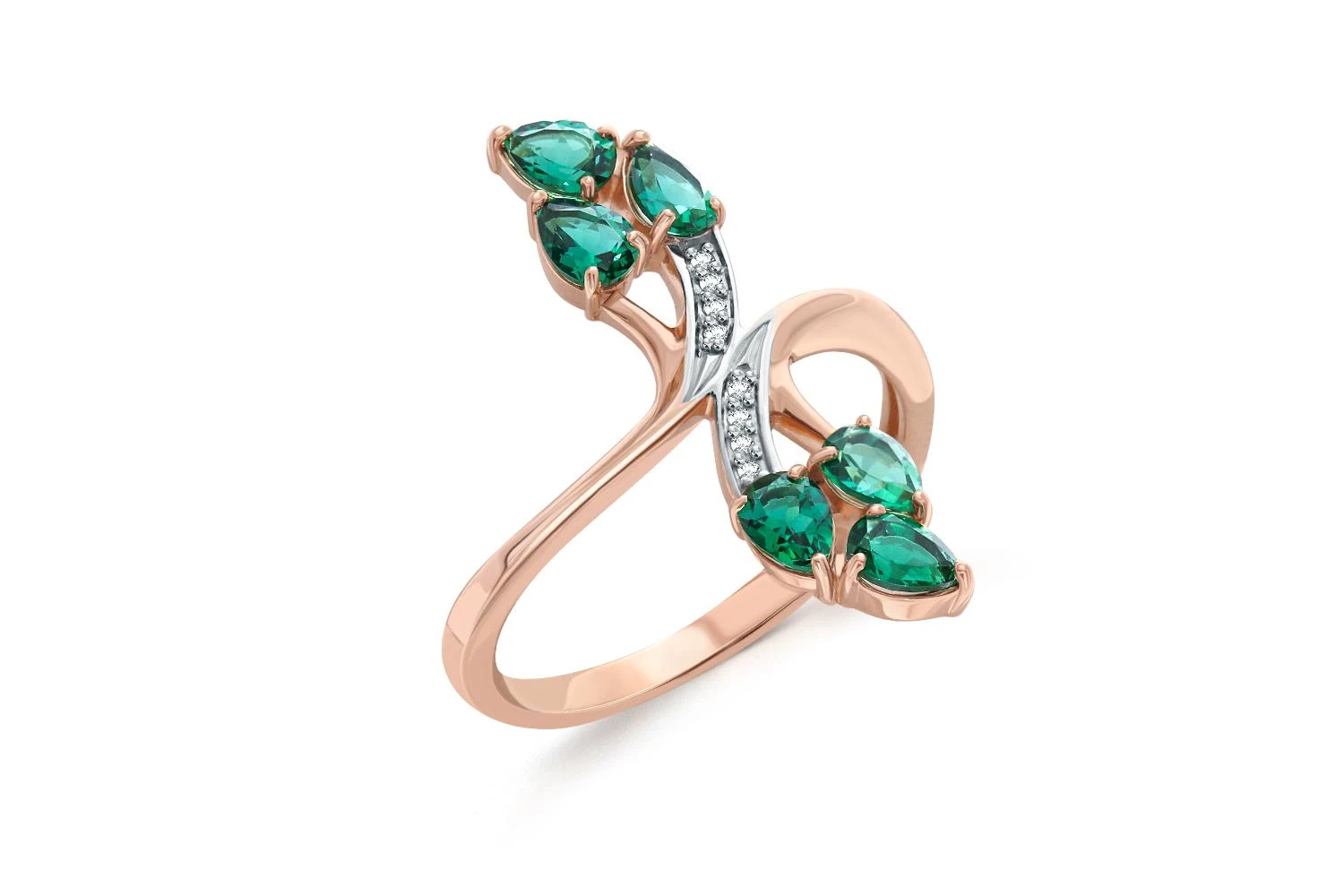 Кольцо из красного золота с 6 изумрудами и 8 фианитами