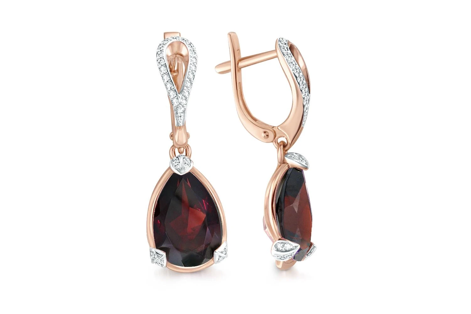 Серьги из красного золота с 2 гранатами и 64 фианитами