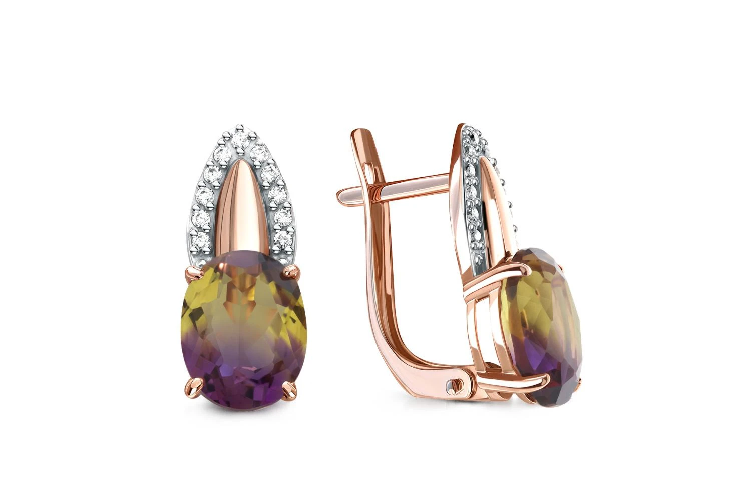 Серьги из красного золота с 2 кварцами и 22 фианитами