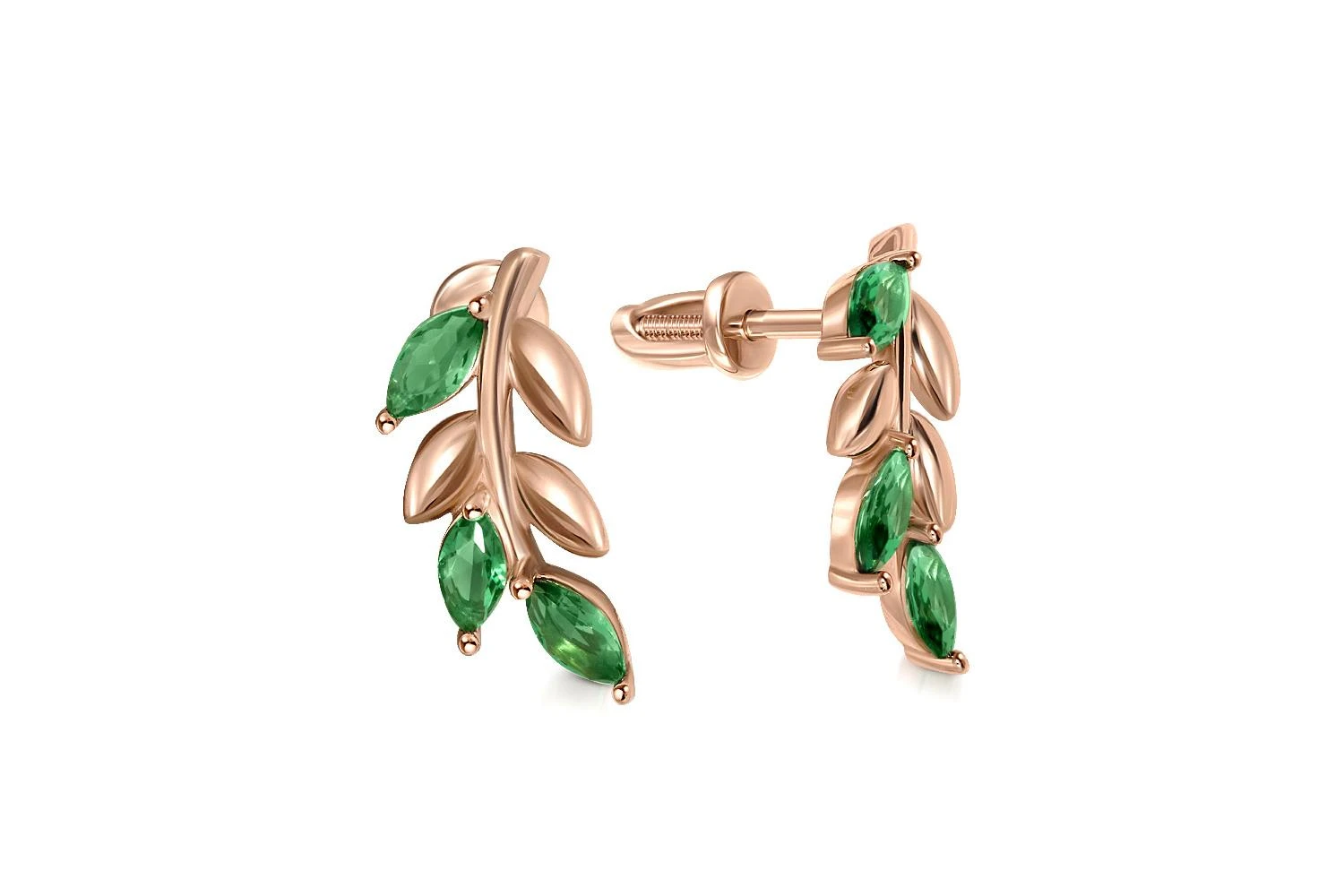 Серьги-пусеты Веточки из красного золота с 6 фианитами