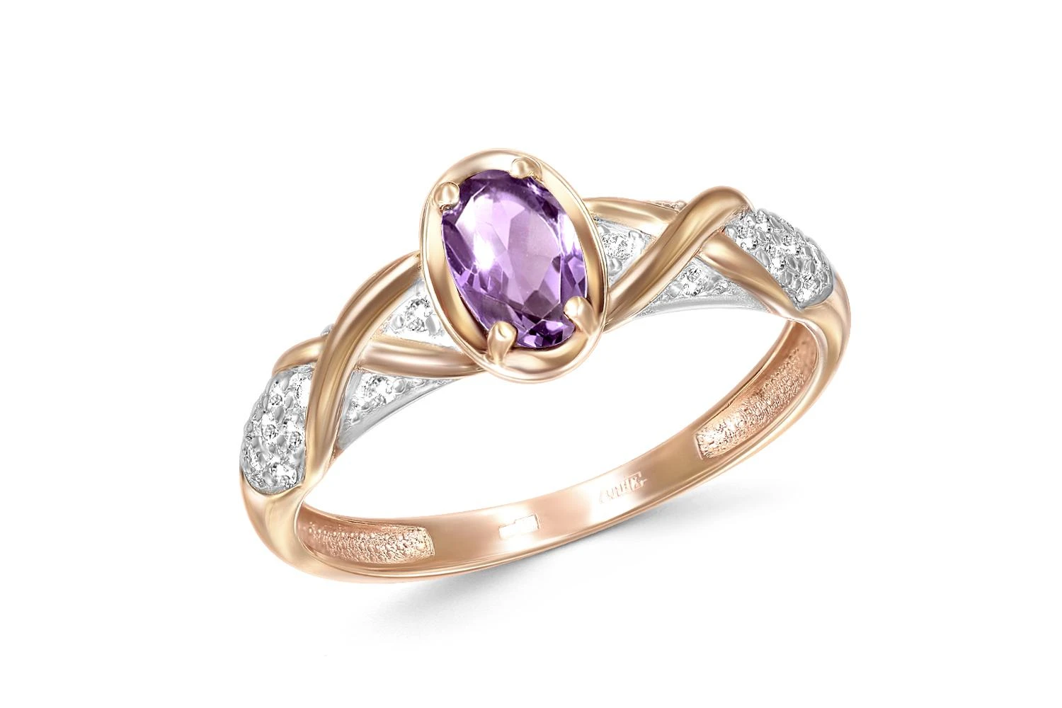 Кольцо из красного золота с аметистом и 20 фианитами