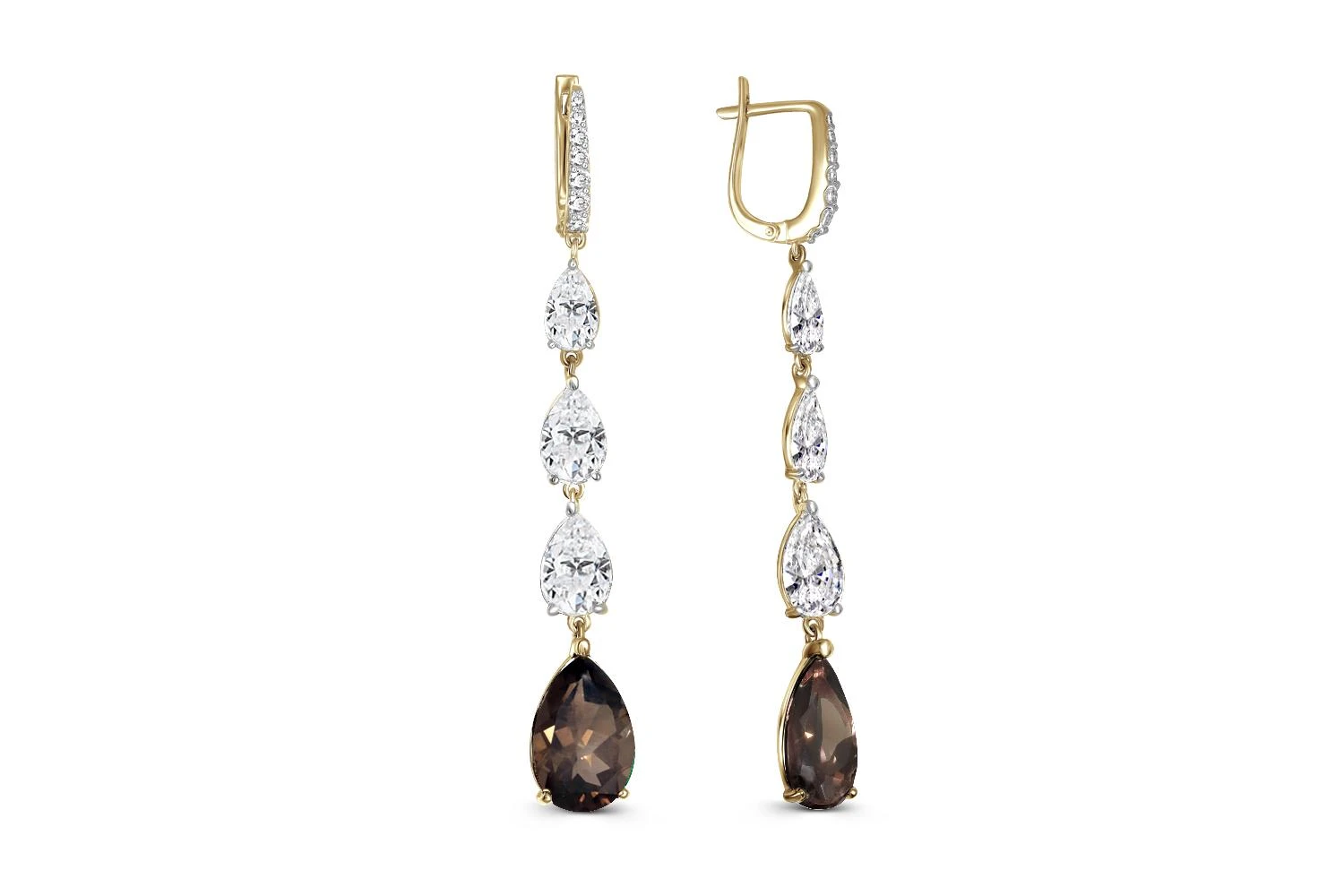 Серьги из жёлтого золота с 2 раухтопазами и 20 фианитами