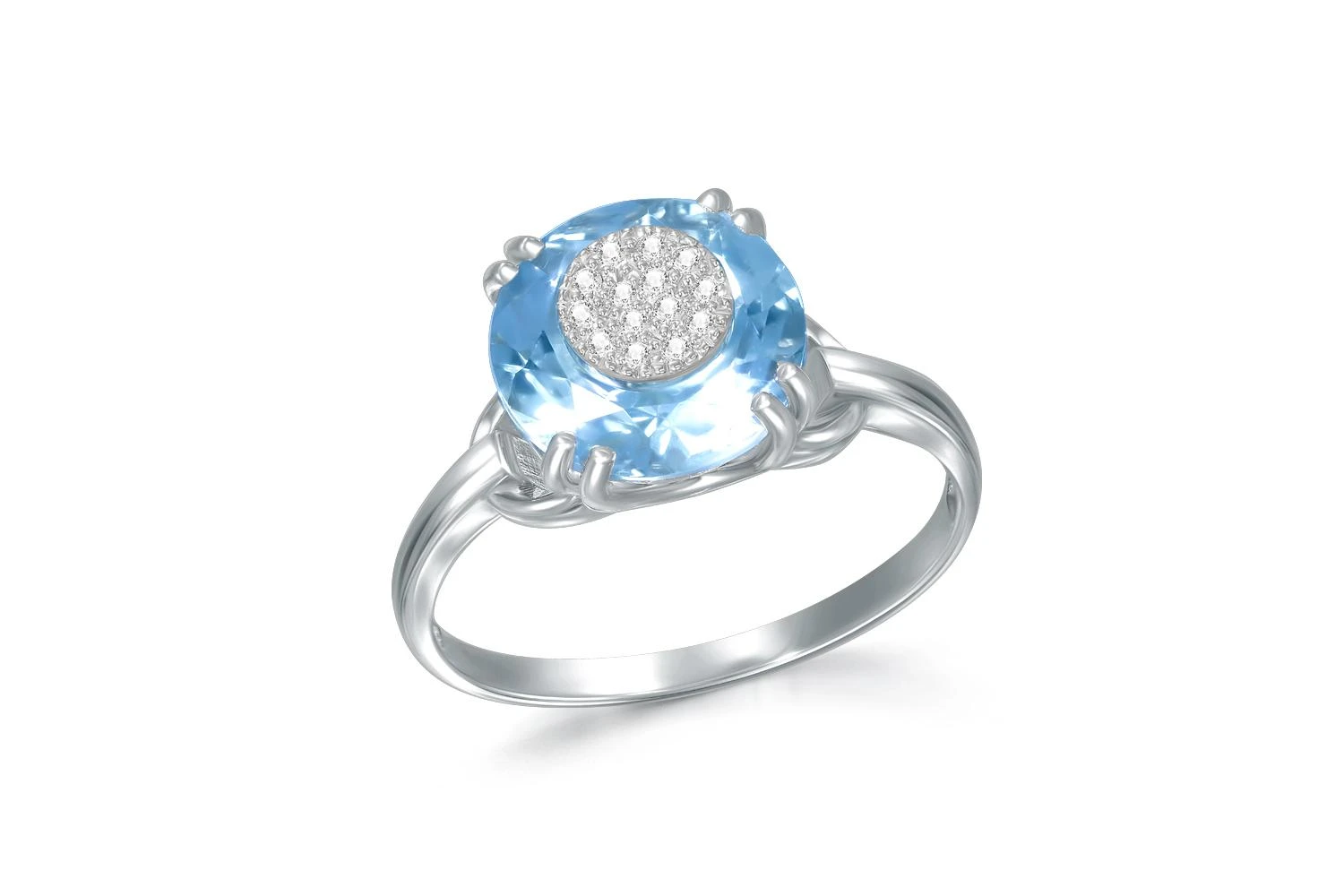 Кольцо из белого золота с топазом swiss и 14 бриллиантами