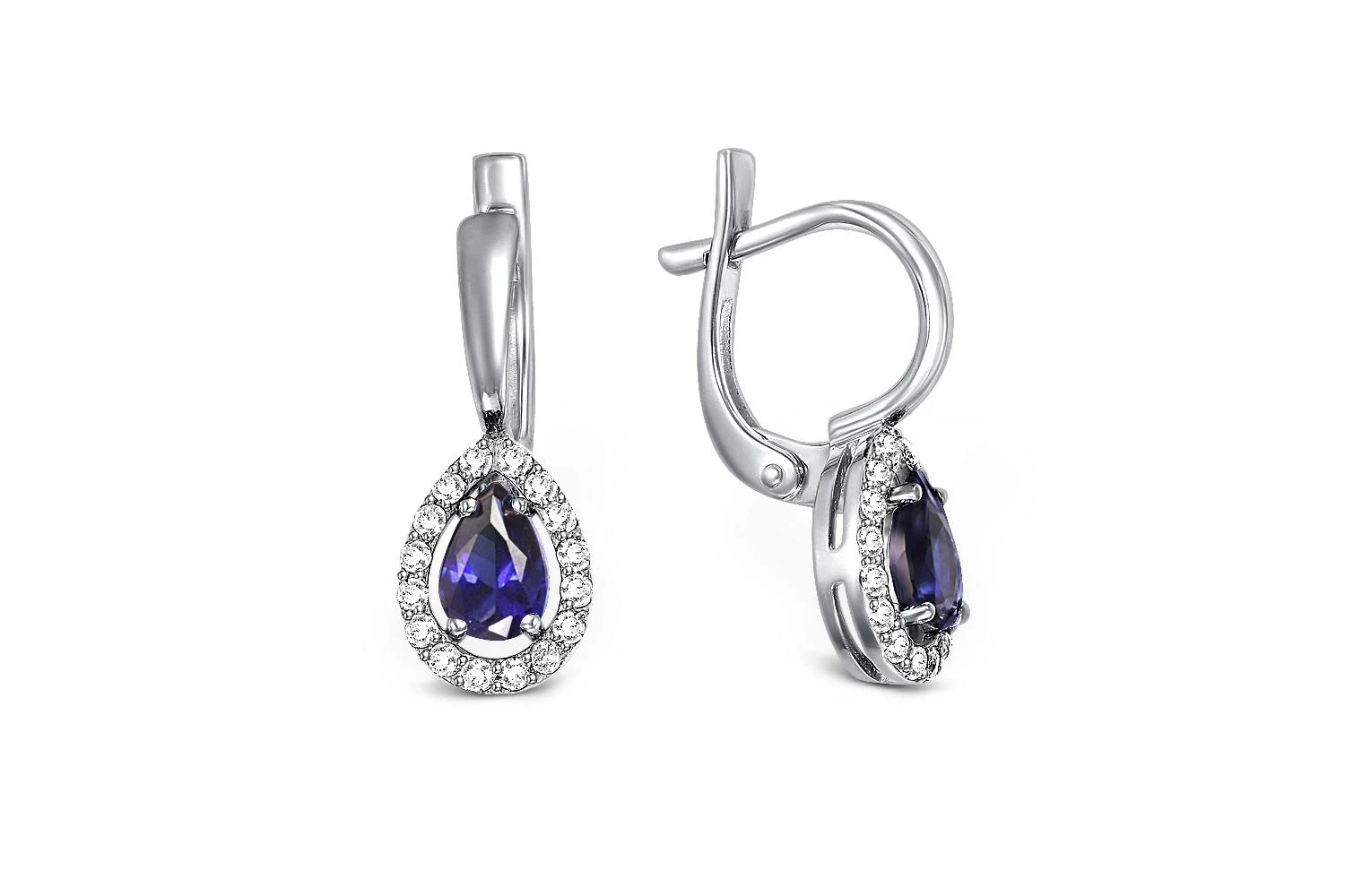 Серьги из белого золота с 2 корундами и 32 бриллиантами