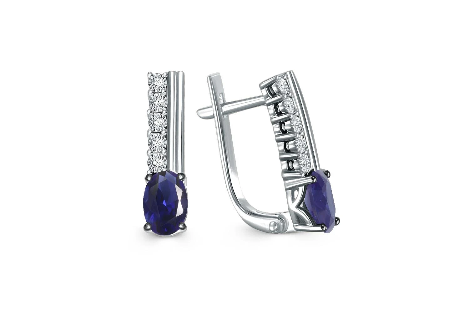 Серьги из белого золота с 2 корундами и 10 бриллиантами