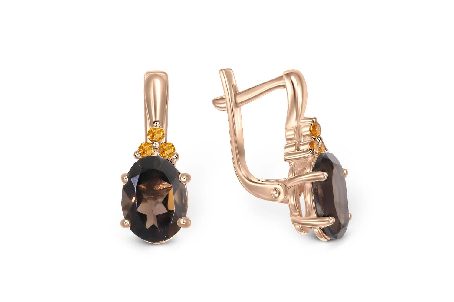 Серьги из красного золота с 2 раухтопазами и 6 фианитами