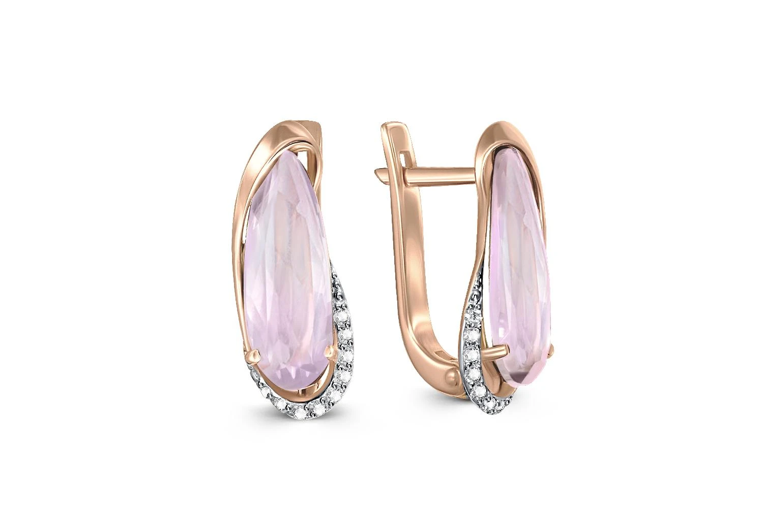 Серьги из красного золота с 2 кварцами и 18 фианитами