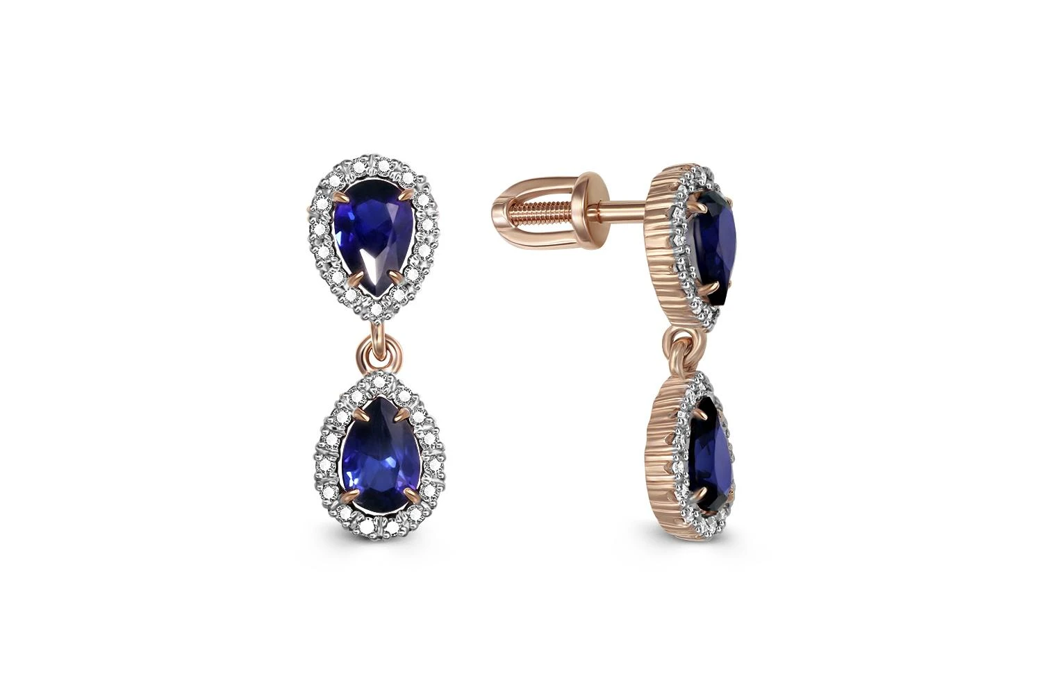 Серьги-пусеты из красного золота с 4 корундами и 60 бриллиантами