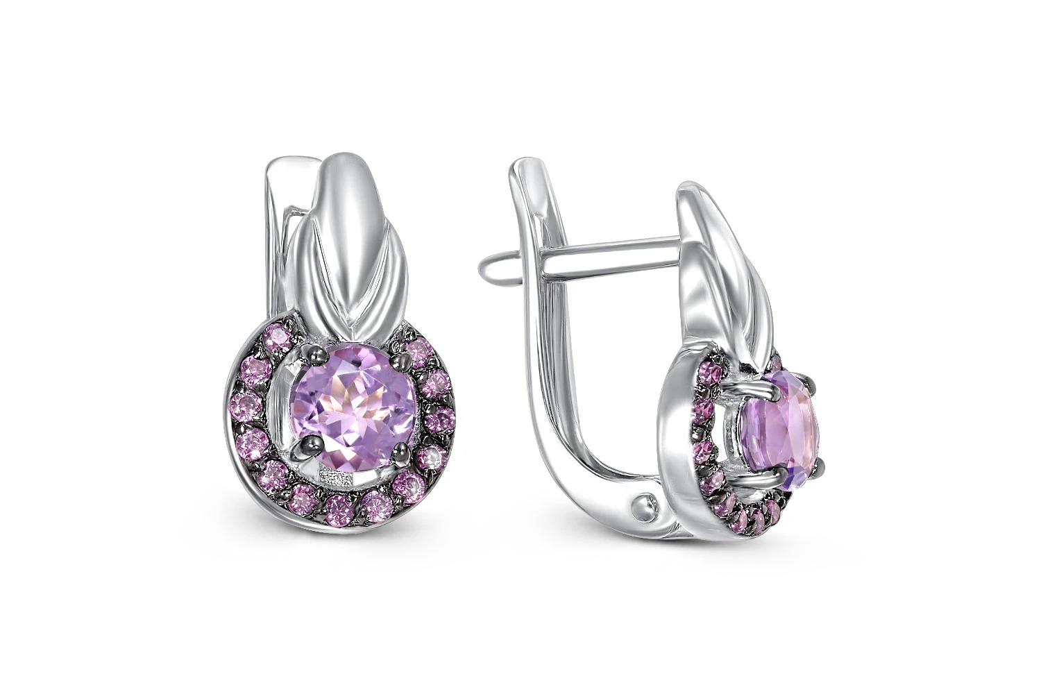 Серьги из белого золота с 2 аметистами и 26 фианитами