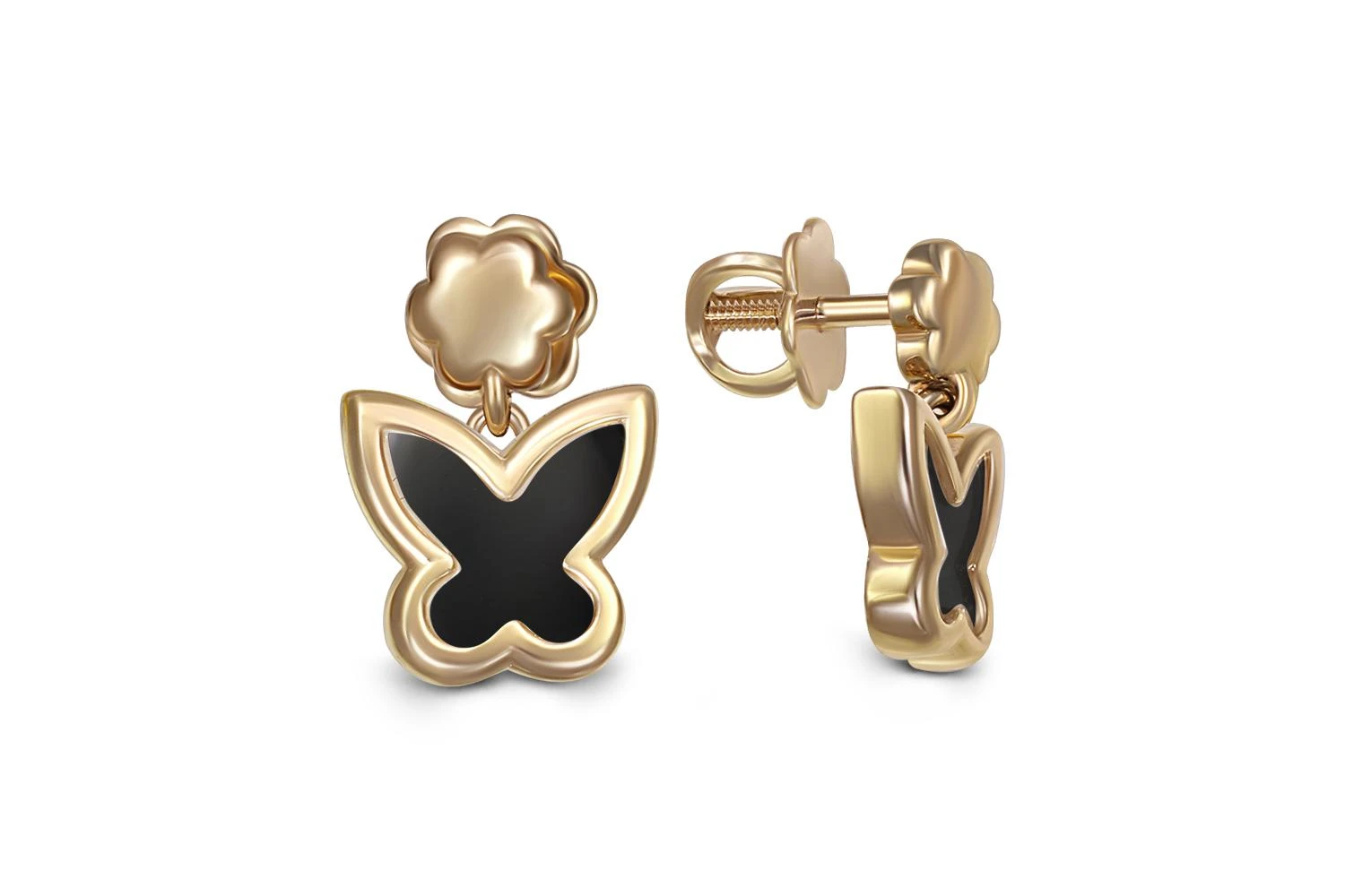 Детские серьги-пусеты Бабочки из жёлтого золота с 2 ониксами
