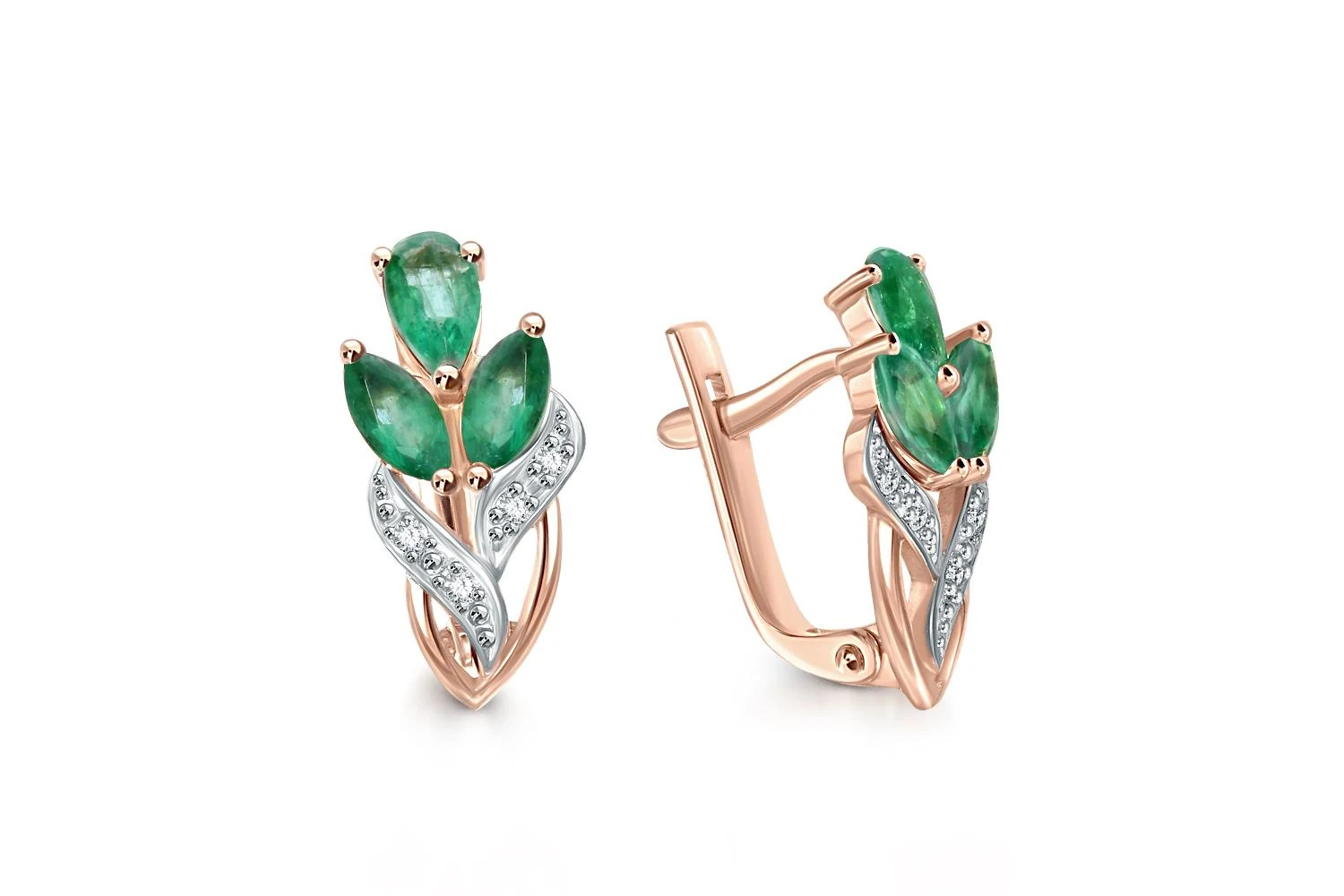 Серьги Цветы из красного золота с 6 изумрудами и 8 бриллиантами