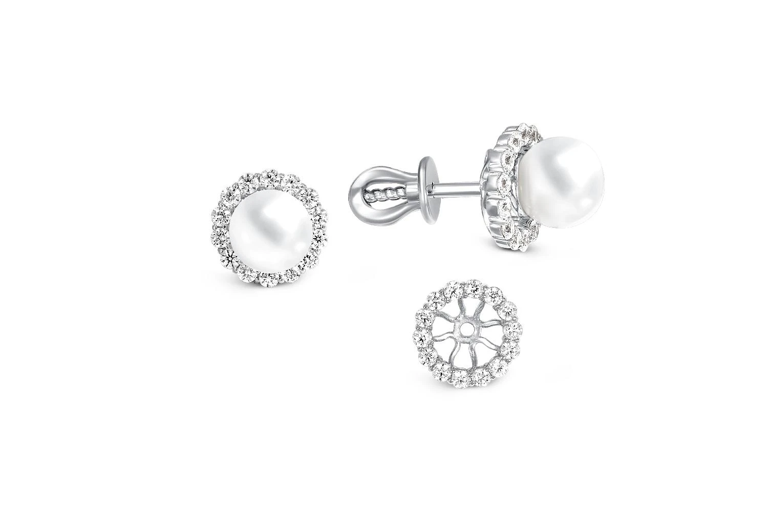 Серьги-пусеты из белого золота с 2 жемчужинами и 28 фианитами