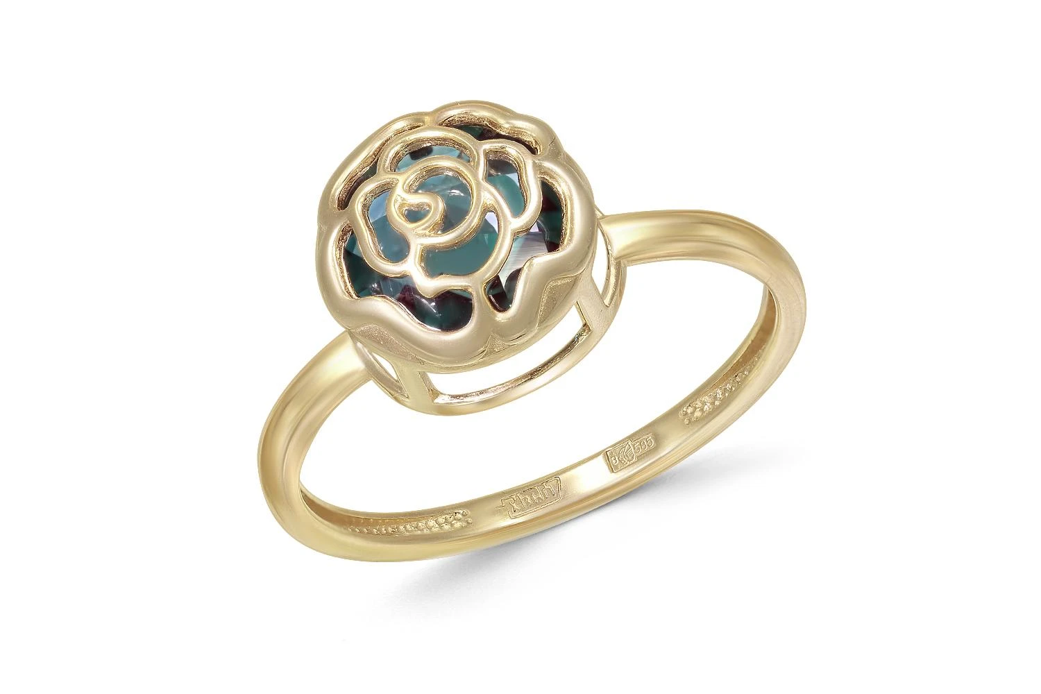 Кольцо Цветок из жёлтого золота с 2 александритами