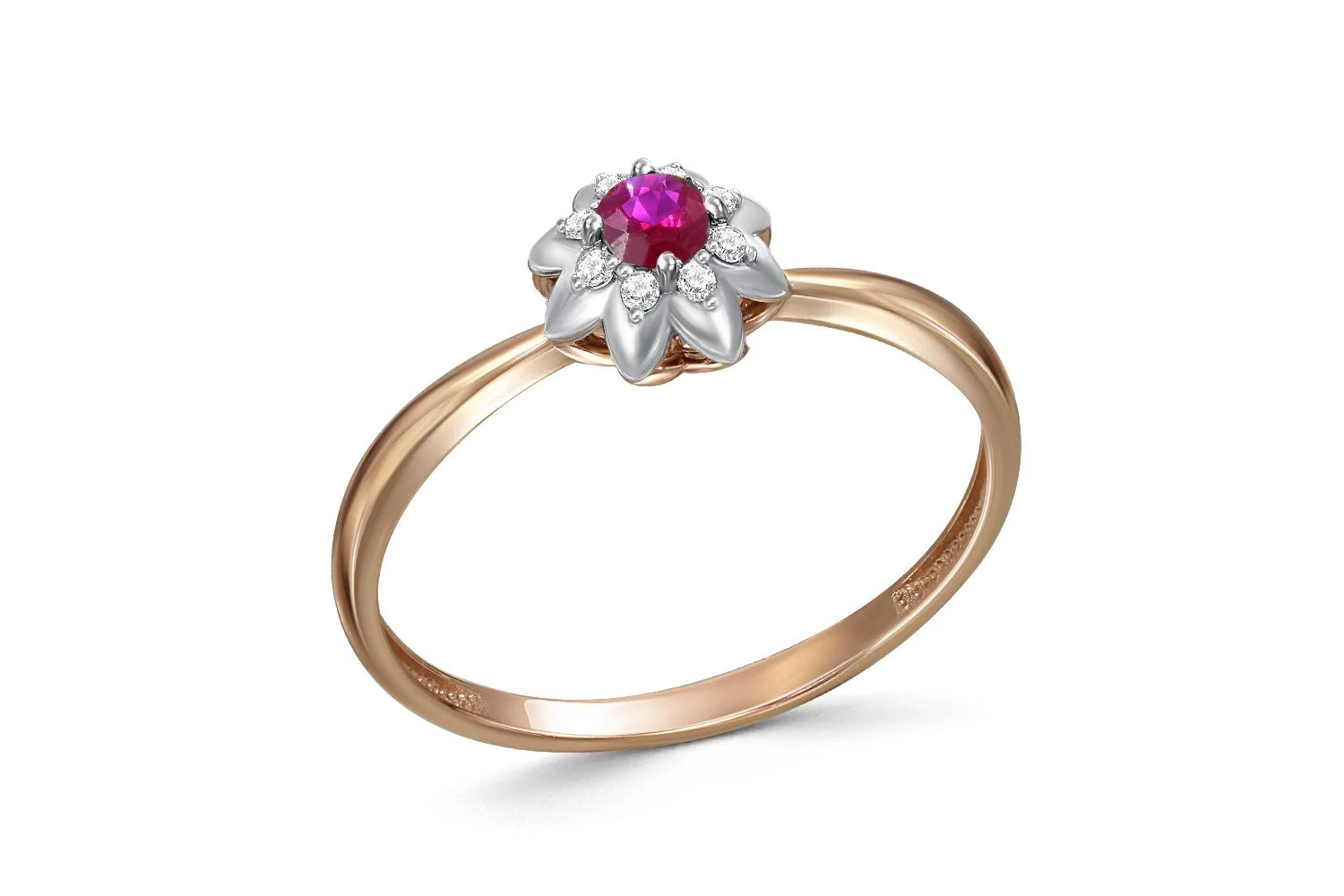 Кольцо Цветок из красного золота с корундом и 8 бриллиантами