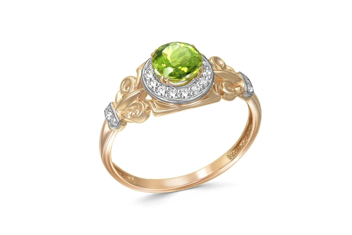 Кольцо из красного золота с хризолитом и 21 фианитами