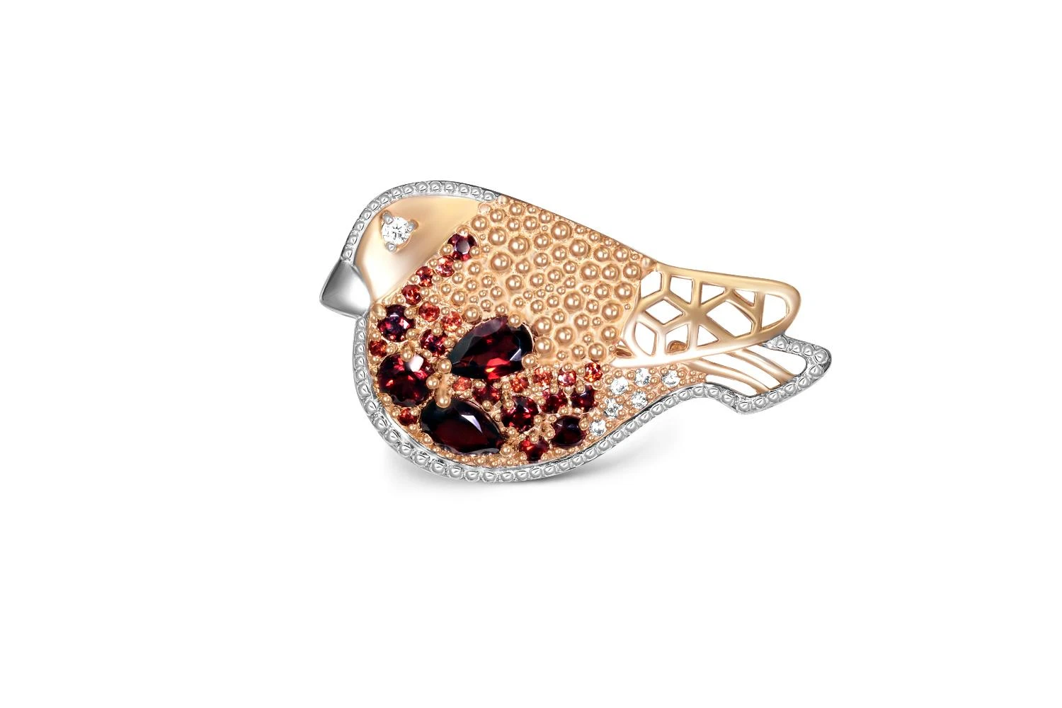 Брошь Снегирь из красного золота с 24 гранатами и 7 фианитами
