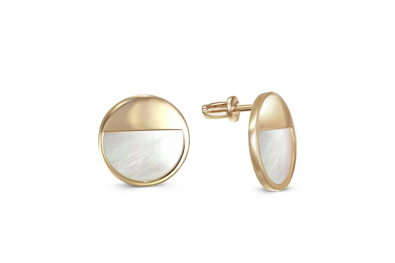 Серьги-пусеты Круги из жёлтого золота с перламутром