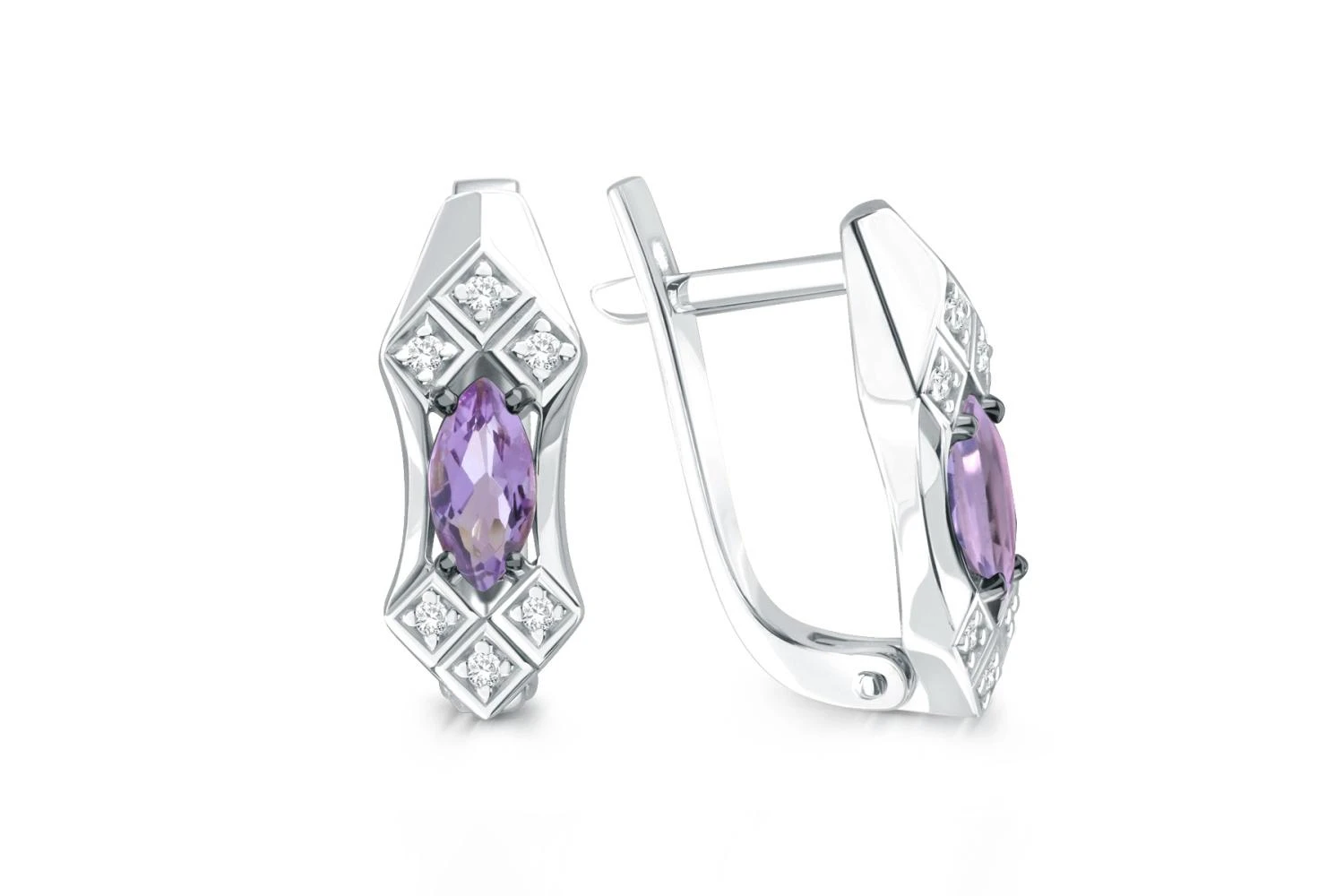 Серьги из белого золота с 2 аметистами и 12 фианитами