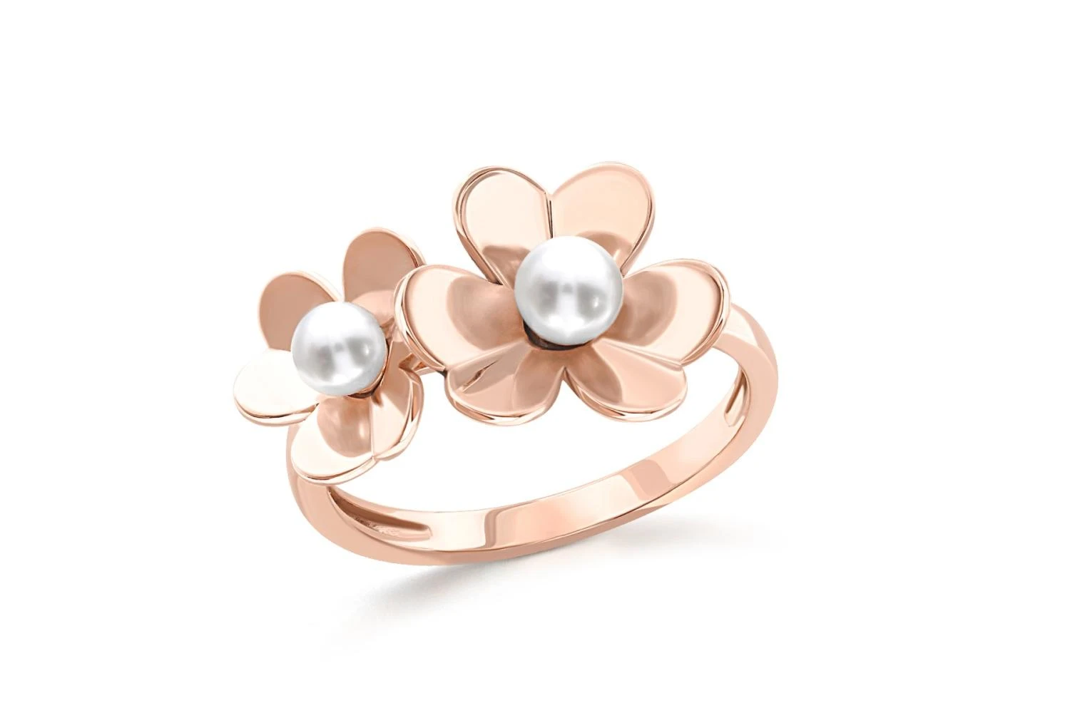 Кольцо Цветок из красного золота с 2 жемчужинами