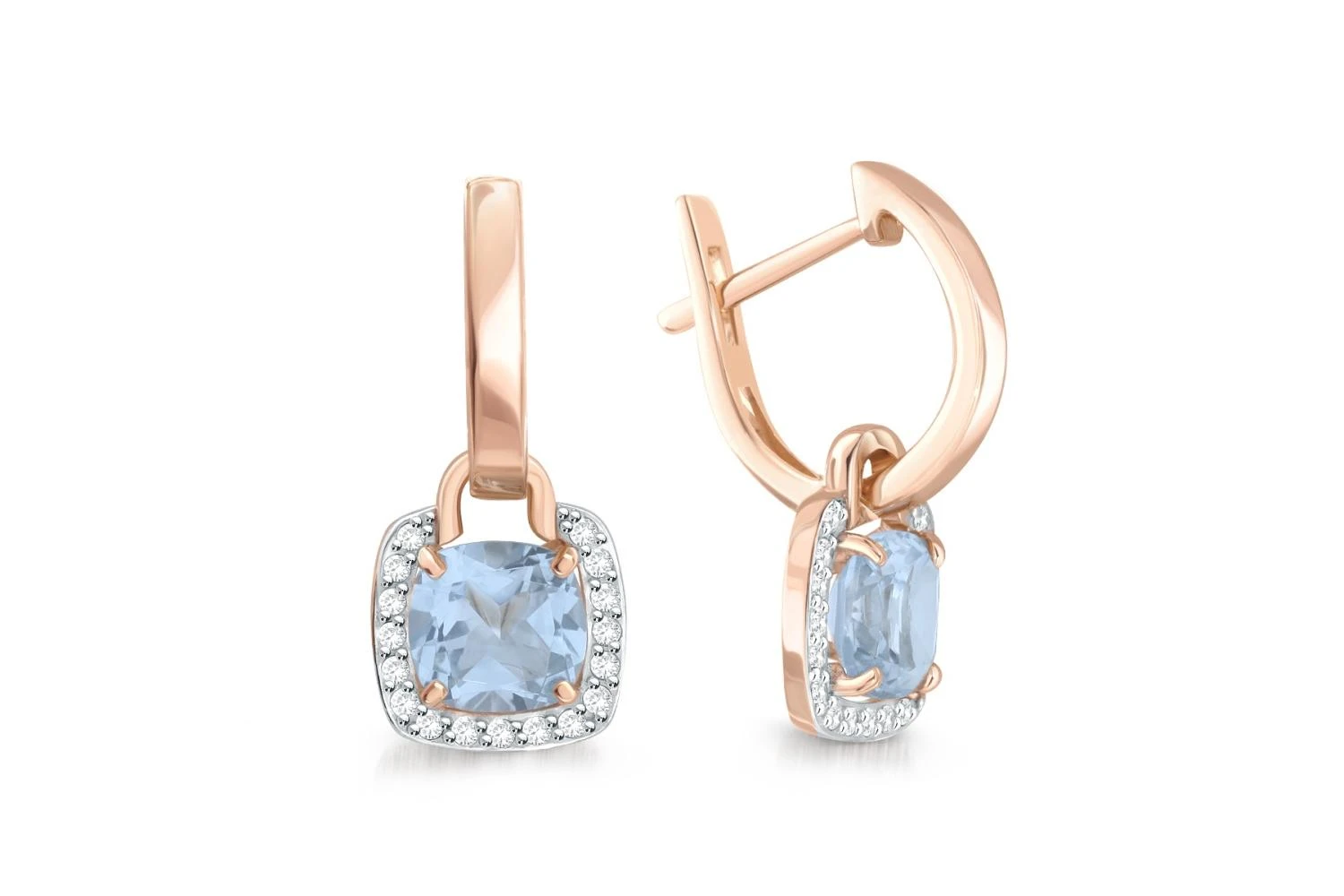 Серьги-трансформеры из красного золота с 2 топазами sky и 34 фианитами