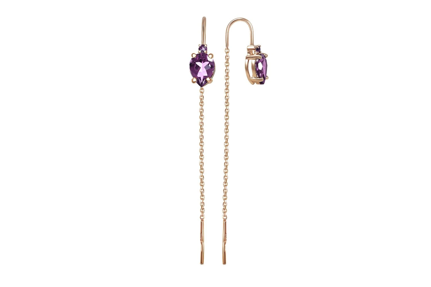 Серьги-продёвки из красного золота с 4 аметистами