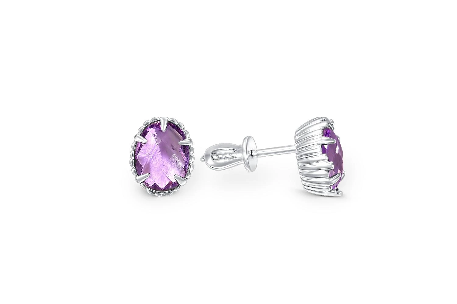 Серьги-пусеты из белого золота с 2 аметистами