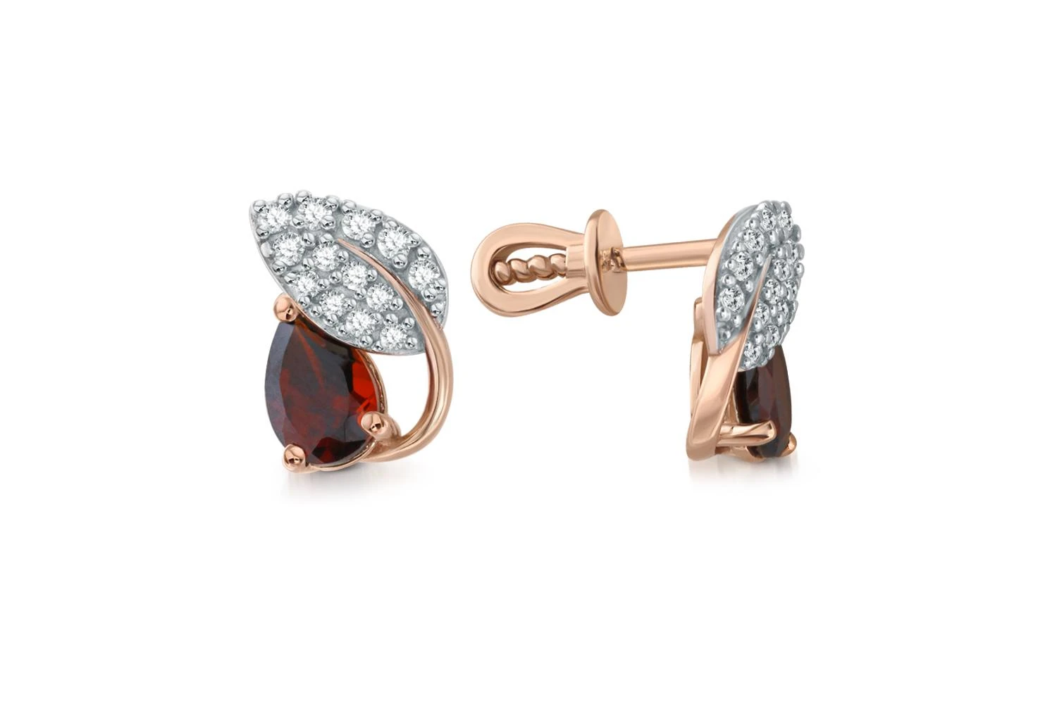 Серьги-пусеты Веточки из красного золота с 2 гранатами и 26 фианитами