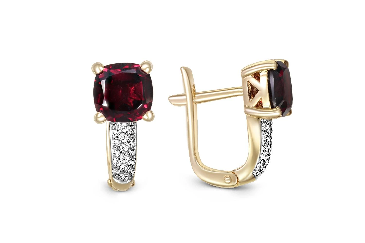 Серьги из жёлтого золота с 2 гранатами и 32 фианитами