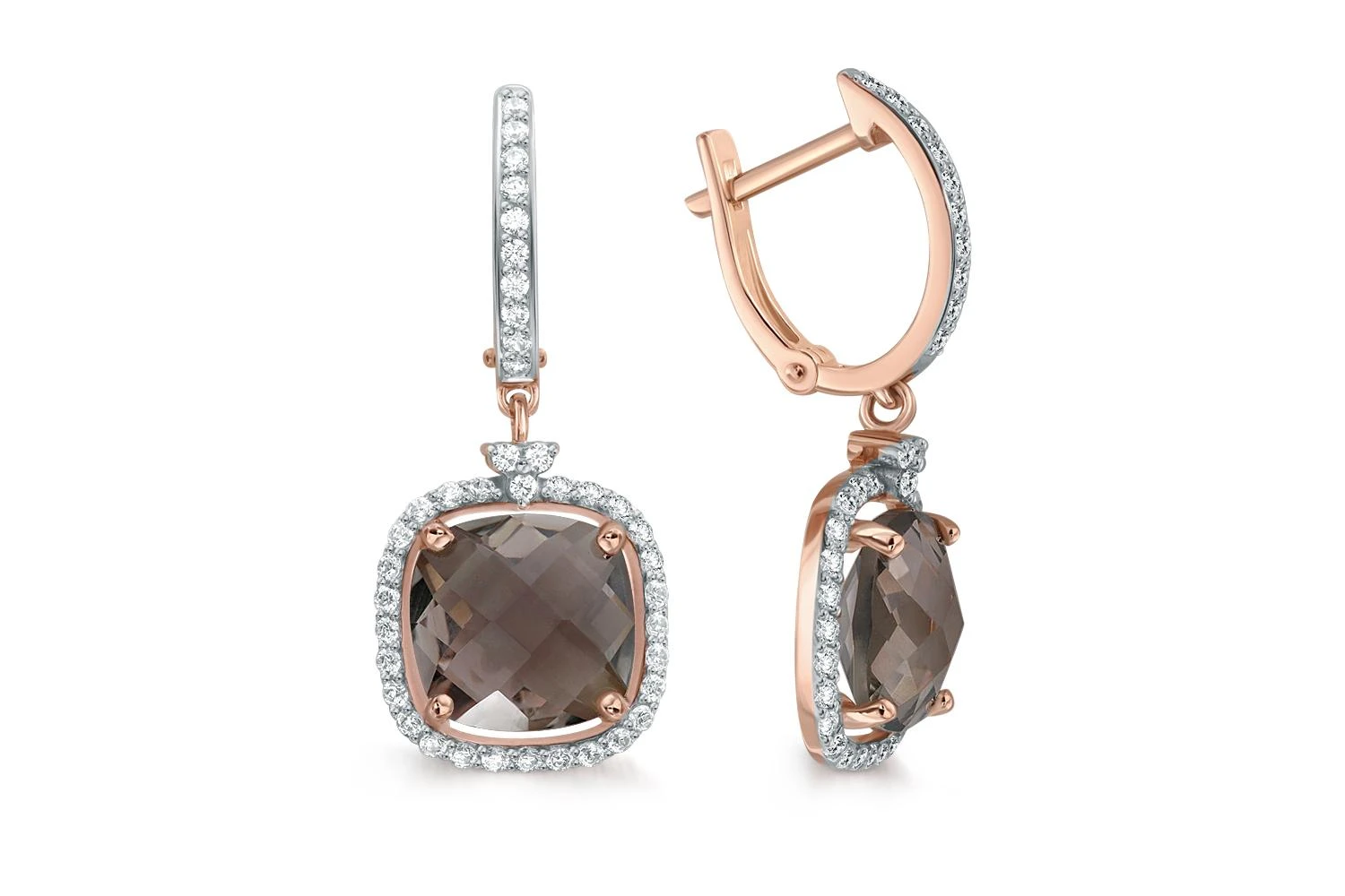 Серьги из красного золота с 2 раухтопазами и 80 фианитами