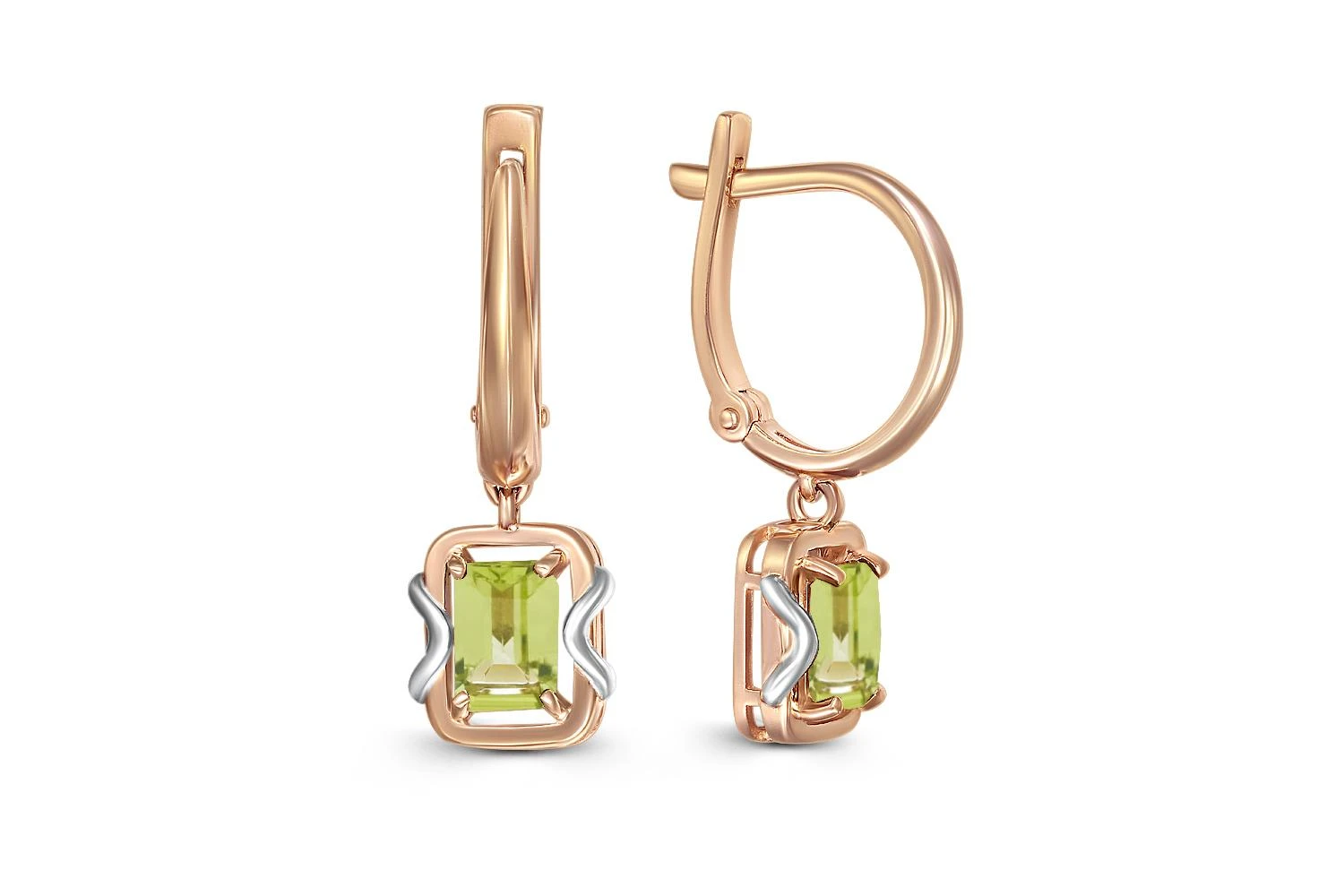 Серьги из красного золота с 2 хризолитами