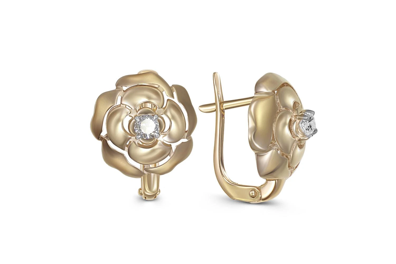 Серьги Цветы из жёлтого золота с 2 фианитами
