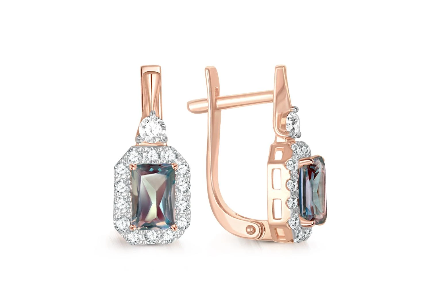 Серьги из красного золота с 2 александритами и 30 фианитами