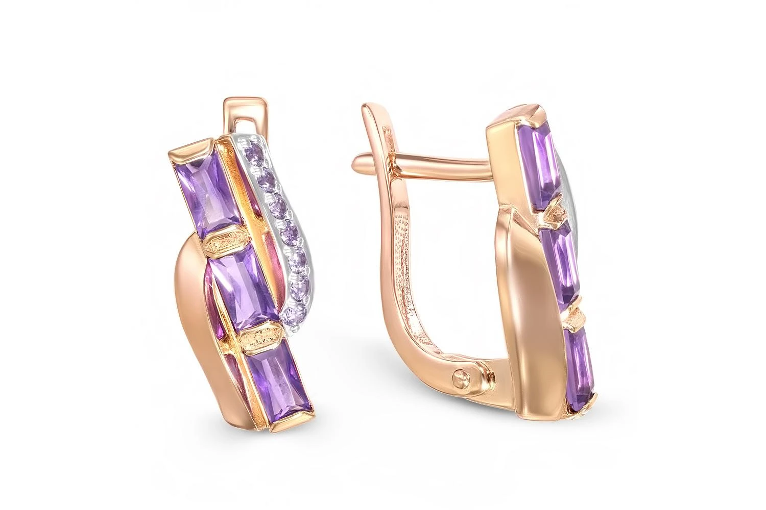 Серьги из красного золота с 6 аметистами и 14 фианитами