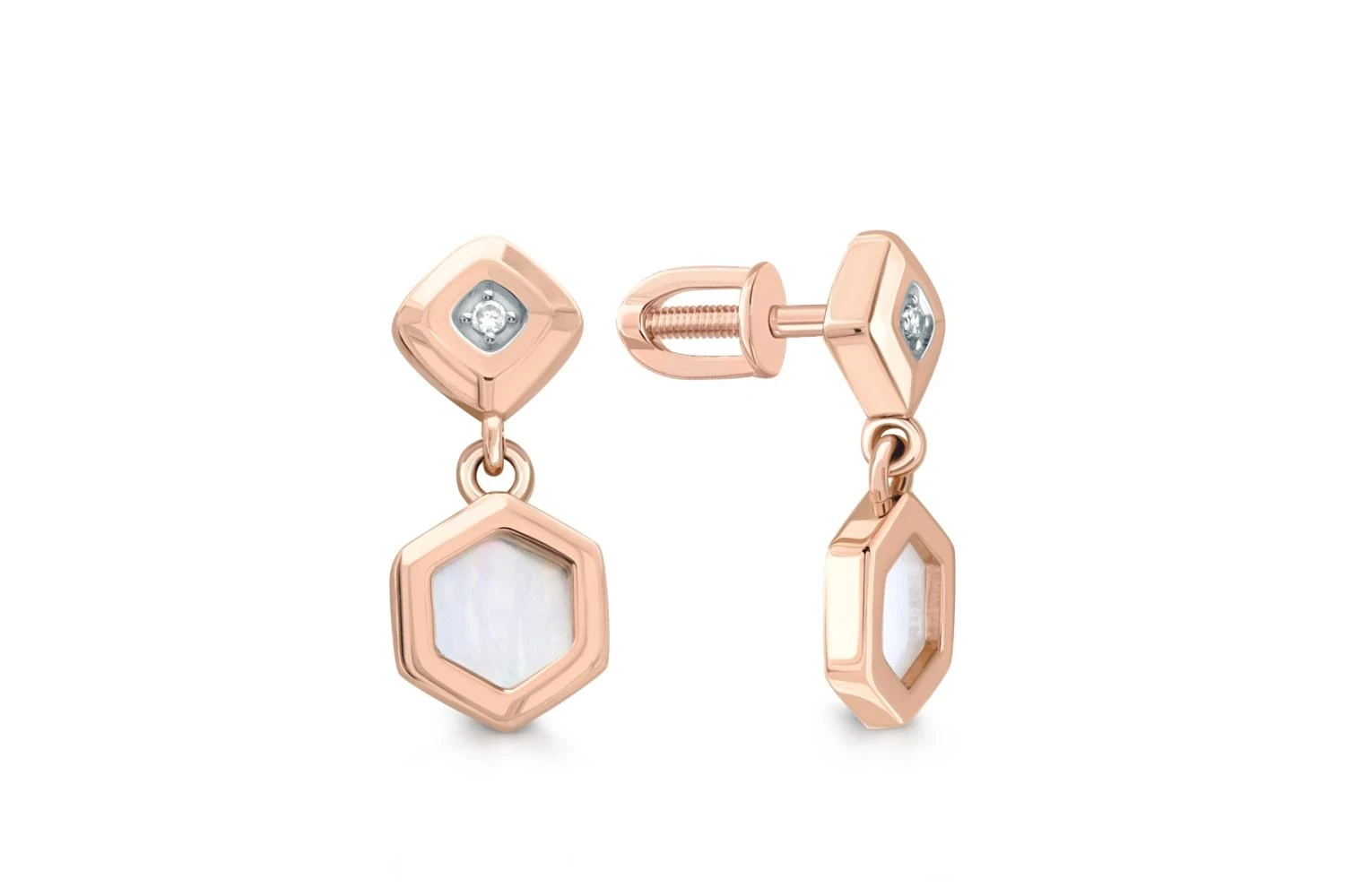 Серьги-пусеты из красного золота с перламутром и 2 фианитами