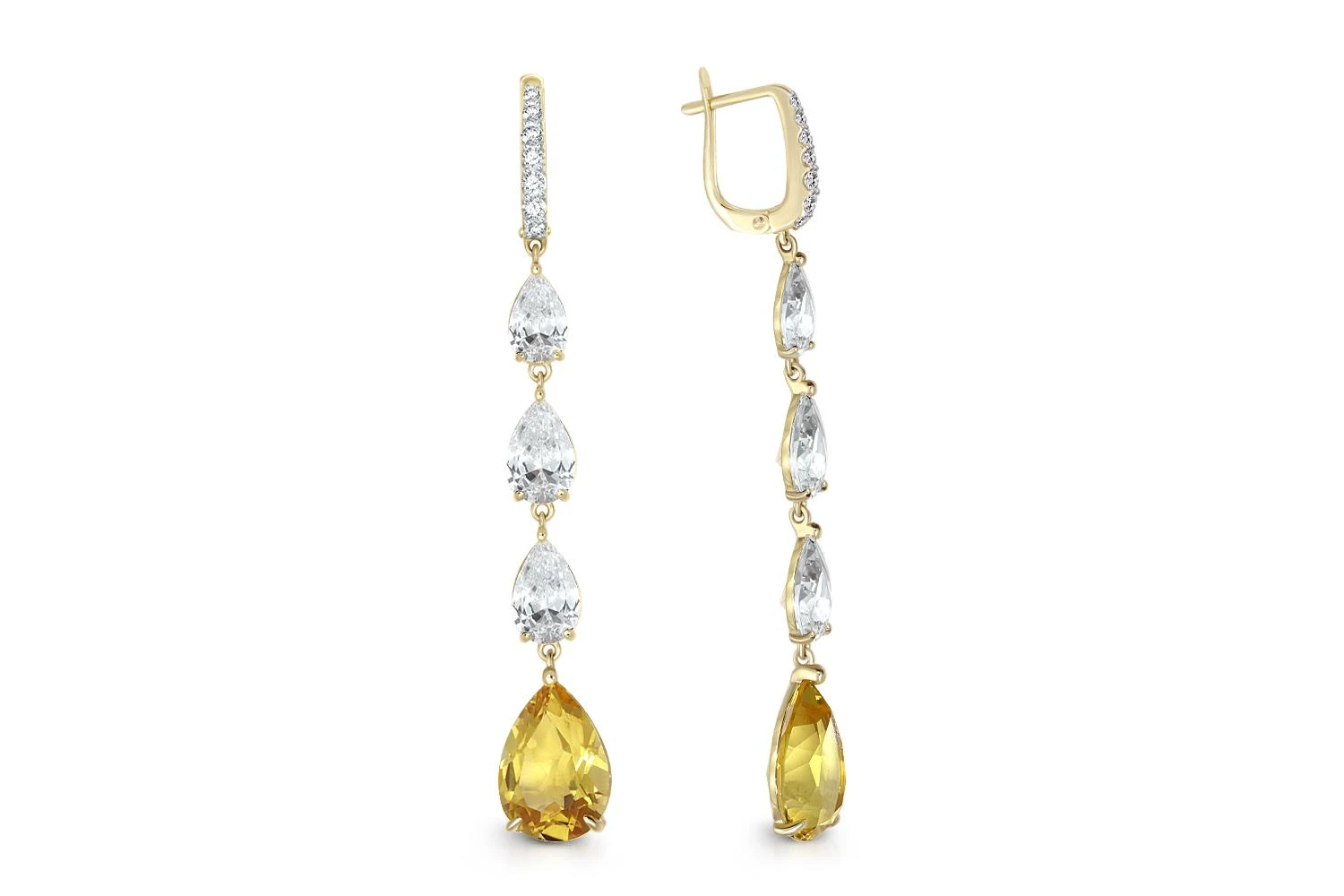 Серьги из жёлтого золота с 2 кварцами и 20 фианитами