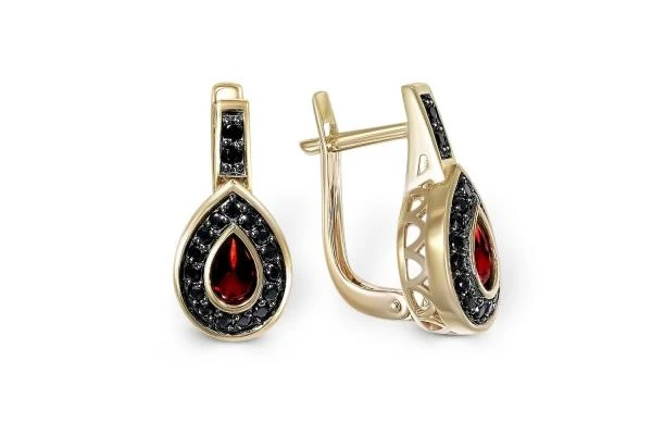 Серьги из жёлтого золота с 2 гранатами и 36 фианитами