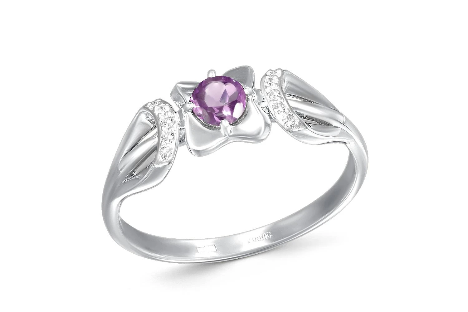 Кольцо из белого золота с аметистом и 10 фианитами