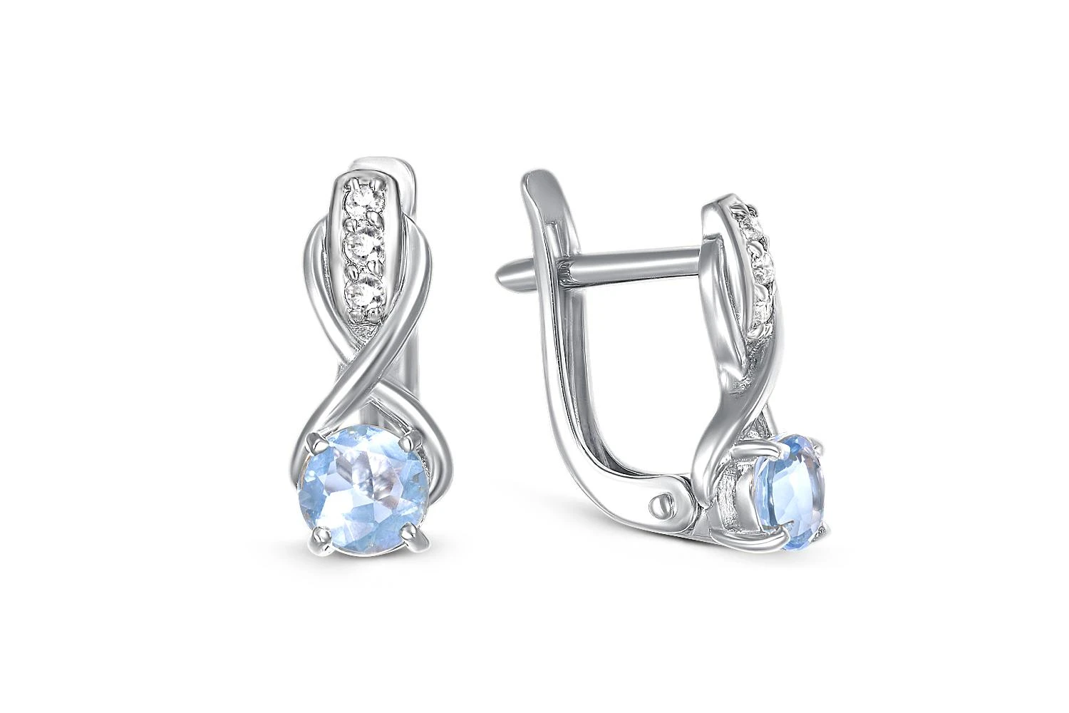 Серьги из белого золота с 2 топазами sky и 6 фианитами