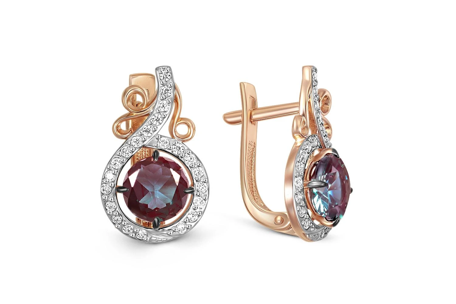 Серьги из красного золота с 2 александритами и 44 фианитами